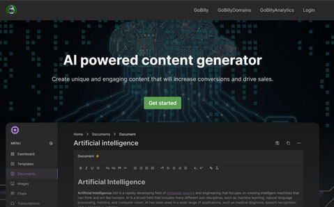 GoBillyAI Writer website screenshot